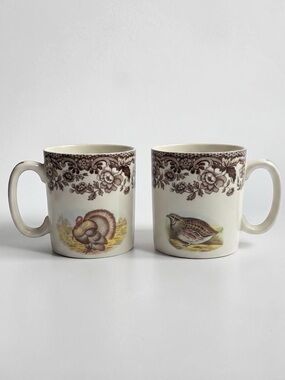 Spode Woodland White Ceramic Mugs - Pair